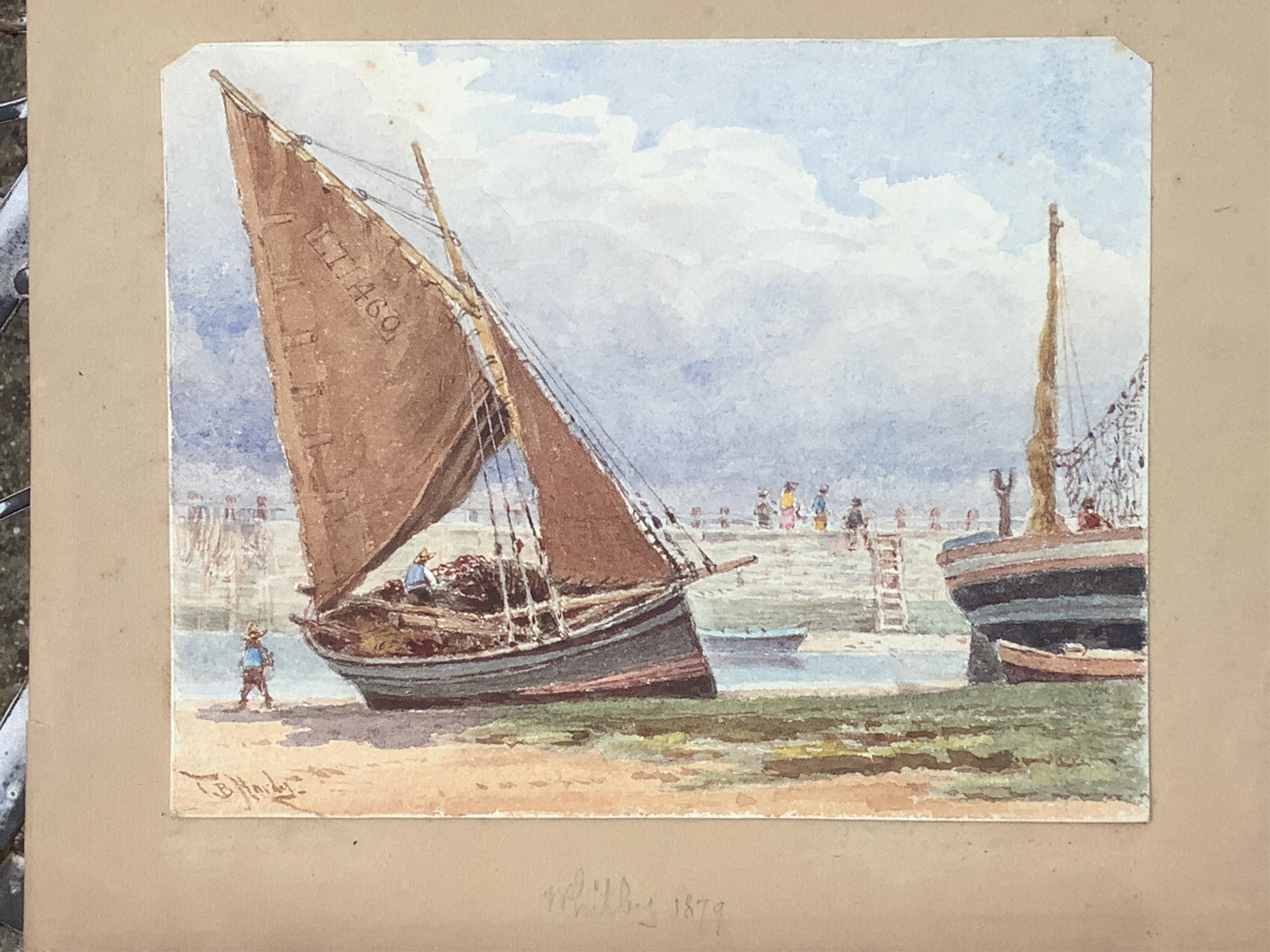 Thomas Bush Hardy (1842-1897), watercolour, “Whitby 1879”, fishing boats at low tide, signed, 13 x 16.5cm, unframed. Condition - fair